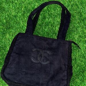 Vintage CHANEL Black Suede Tote with Interlocking CC Emblem